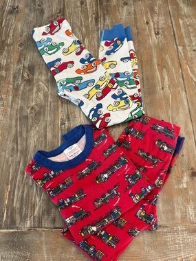 Hanna Andersson Red Train Pajama Set with Blue and Multi-Colored Accents